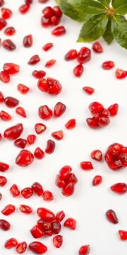 Pomegranate seeds scattered on a white background, tova, fruit