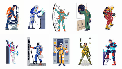 Flat vector illustration set of astronauts and space travelers in various suits performing technical tasks and preparing for space exploration missions. © Cristina