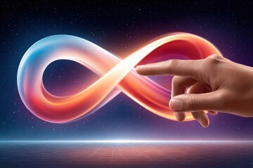 Fototapeta premium Hand touching luminous infinity symbol over cosmic background representing digital connection and endless creativity