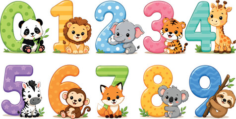 Fototapeta premium Cute Cartoon Animal Numbers Zero to Nine Vector Set for Kindergarten Children Education, Kids Birthday Parties, and Nursery Wall Art Designs