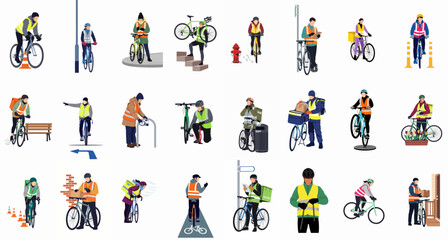 Fototapeta premium Large Collection of Flat Vector Illustrations Showing Bicycle Couriers and Urban Cyclists in Safety Gear Performing Various Delivery and Commuting Tasks