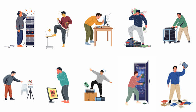 A collection of cartoon illustrations showing men experiencing intense frustration and stress due to various technical failures, server errors, and computer problems.