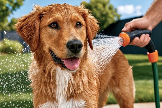 Golden dog enjoying a playful bath in the backyard as a hose sprays water over its wet fur