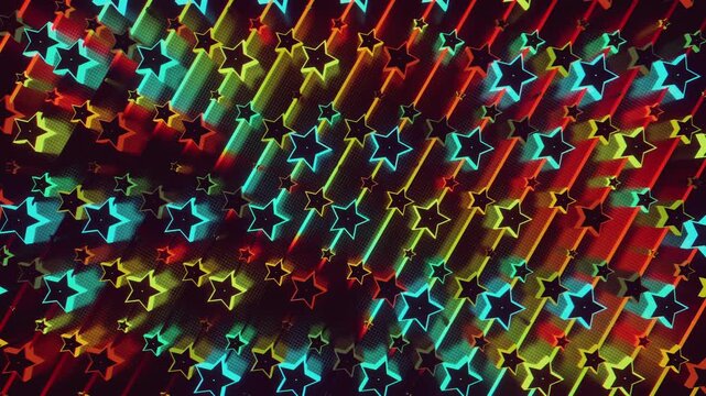 Futuristic abstract wall with glowing geometric stars. Seamless VJ loop of a rhythmic digital structure and pattern, creative motion background for electronic music festivals and stage displays.