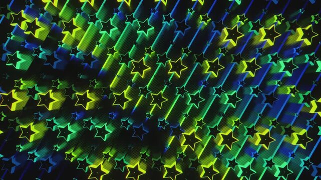 Futuristic abstract wall with glowing geometric stars. Seamless VJ loop of a rhythmic digital structure and pattern, creative motion background for electronic music festivals and stage displays.
