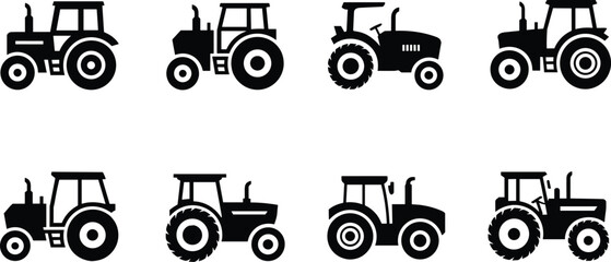 Agricultural Tractor Black Silhouette Collection with Farm Vehicle Vector Icon Set © MstSakila