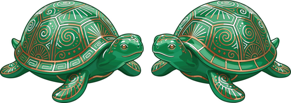 Two Ornate Jade Green Ceramic Turtle Statues with Intricate Gold Linear Swirl Patterns and Carved Shell Details Vector Illustration Isolated on White