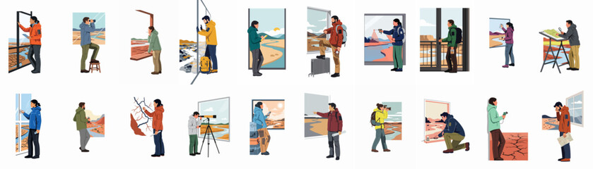 Set of illustrations depicting diverse environmental scientists and geographers conducting research, surveying landscapes, and using technical equipment for field studies and data collection. © Nurdayatt