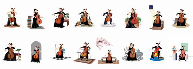 Fototapeta premium Collection of flat vector illustrations depicting a professional female cellist in elegant black dresses playing in various indoor and outdoor settings.