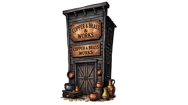 Vintage Wild West Copper and Brass Workshop Wooden Storefront Cartoon Vector Illustration
