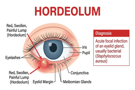 Eye anatomy showing hordeolum infection with swollen eyelid and red lump.