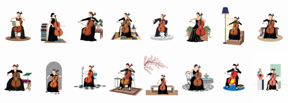 Collection of flat vector illustrations depicting a professional female cellist in elegant black dresses playing in various indoor and outdoor settings.