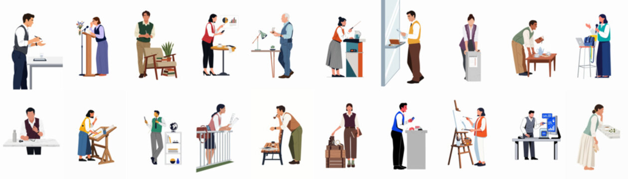 Comprehensive set of flat vector illustrations showing diverse people in various professional, educational, and creative settings, isolated on white background.