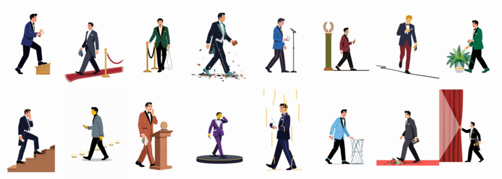 Collection of flat illustrations depicting men in tuxedos and formal suits at various stages of an award ceremony and red carpet event.
