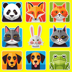 Fototapeta premium Colorful animal faces including panda, fox, cat, rabbit, dog, and frog on yellow