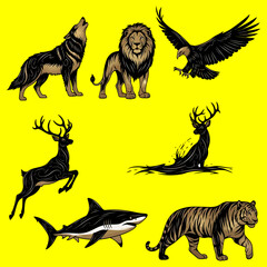 Naklejka premium Wild animals including wolf, lion, eagle, deer, shark, tiger and stag in natural setting