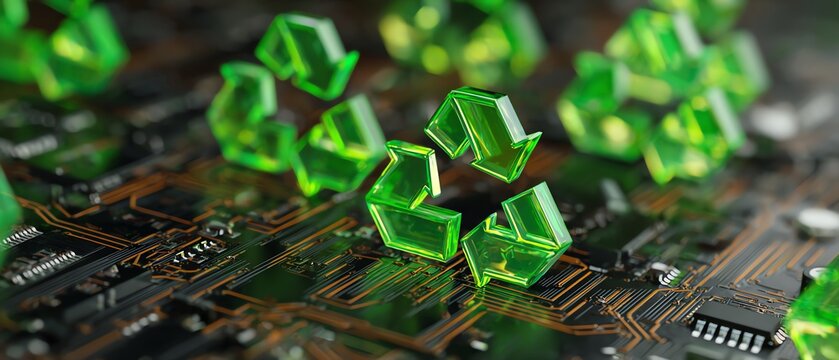Green recycling symbols on circuit board closeup.