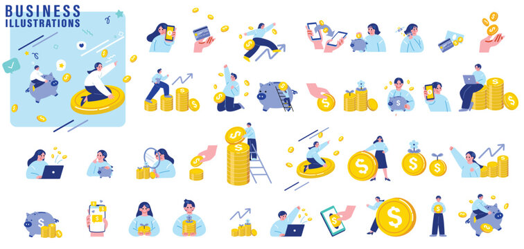 お金を稼ぐ人々のイラストセット
