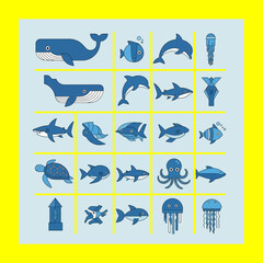 Fototapeta premium Marine life icons displayed on a grid for educational purposes in an aquarium setting