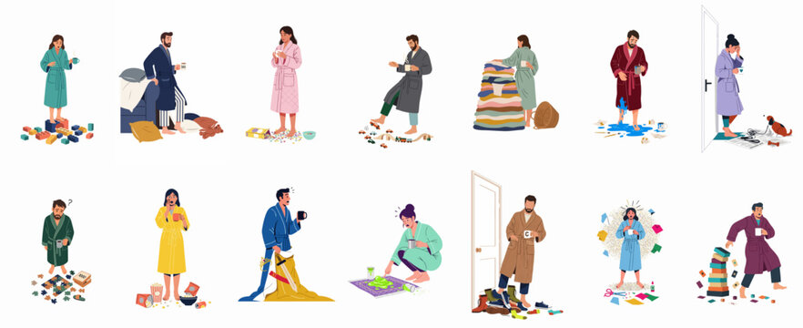 Collection of Tired Parents and Adults in Bathrobes Dealing with Household Messes, Spills, and Morning Chaos in a Flat Vector Style
