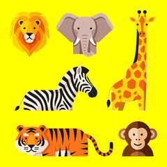 Obraz premium Vibrant illustrations of lion, elephant, giraffe, zebra, tiger, and monkey on bright yellow background.
