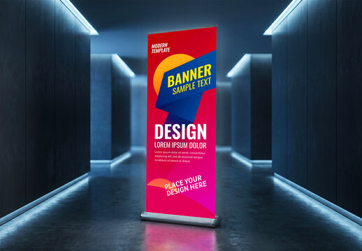 Vertical Rollup Banner Mockup in Neon Hallway