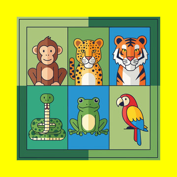 Collage of six animals including monkey, leopard, tiger, snake, frog, and parrot in square frames