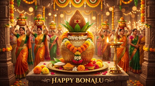 Happy Bonalu festival background with traditional decorative golden bonam pot and brass diya lamp on table