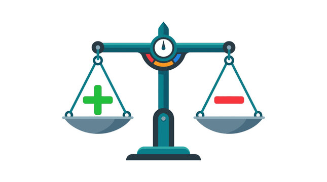 Balance scales with plus and minus symbols, representing pros and cons