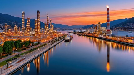 Naklejka premium Aerial night view of illuminated petrochemical refinery and waterfront at sunset with ship