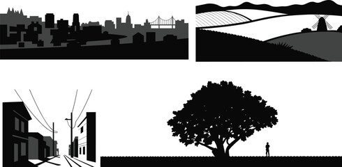 Obraz premium Landscape Scene Black Silhouette Collection with City, Village, Farm, and Nature Vector Set