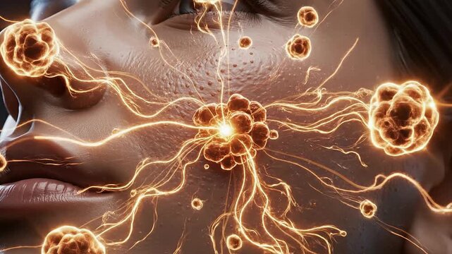 Dynamic 4K CGI Representation of Bioluminescent Amber Energy Trails Around Human Face Demonstrating Cellular Activity and Energy Flow in Medical Biotechnology Concept