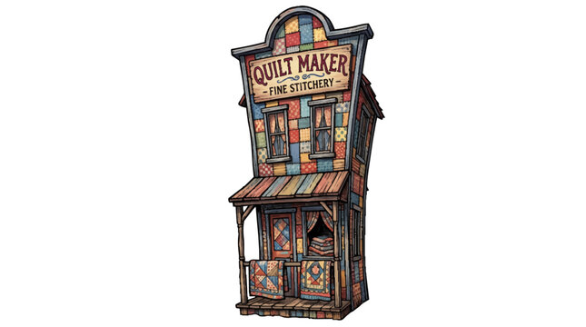 Vintage Wild West Quilt Maker Shop Wooden Patchwork Storefront Cartoon Vector Illustration