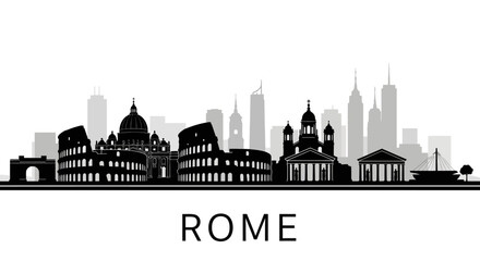 Obraz premium Rome City Skyline Silhouette: Iconic Landmarks in Black & White