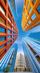 Naklejka premium Dramatic upward perspective of modern glass skyscrapers in a vibrant urban plaza