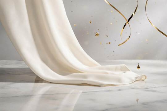 Elegant white silk fabric draped on marble floor, luxury satin textile background with gold confetti, soft flowing drapery for premium product display
