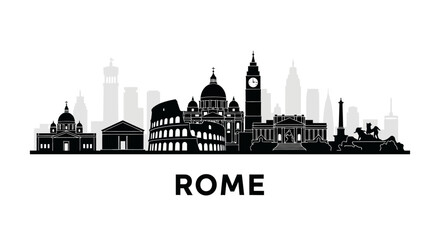 Obraz premium Rome City Skyline Silhouette, Iconic Landmarks Illustration
