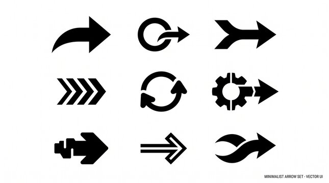 Stylized arrow icons in diverse mechanical, geometric, and symbolic forms, representing motion, process, and transformation in modern vector design.