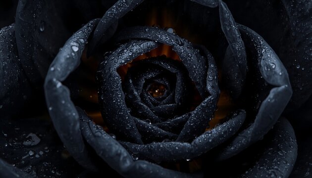 Macro of an exotic black tulip with a massive perfect Fibonacci spiral. Velvet petals covered in raindrops with a silvery rim light on parametric patterns. Moody night air aesthetic