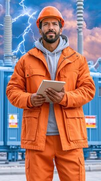 Electrical engineer in orange protective gear inspecting high-voltage substation with tablet during storm