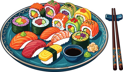 Traditional Japanese Sushi Platter Vector Illustration featuring Assorted Nigiri, Maki Rolls, Chopsticks, and Soy Sauce for Asian Cuisine Restaurant Menu Designs © EdGe Creative