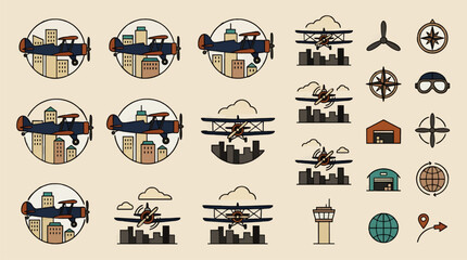 Flat Vector Icon Set: Vintage Biplanes Flying Over Cityscapes, Airplanes, Propellers, Compass, Goggles, Hangar, Control Tower, Globe © Leandri