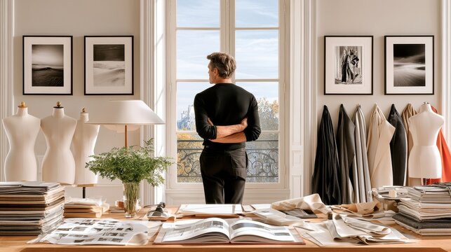 Fashion designer in sunlit Paris studio overlooking the city with fabrics and dress forms