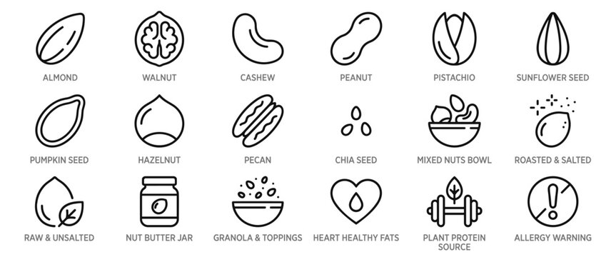 Nuts and seeds line icon set. Black and white vector illustrations of almond, walnut, cashew, peanut and nutritional concepts. Healthy food, plant protein diet elements and allergy warning