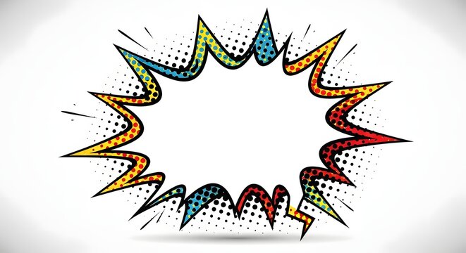 Vibrant comic explosion burst, colorful pop art background, dynamic graphic element, speech bubble template