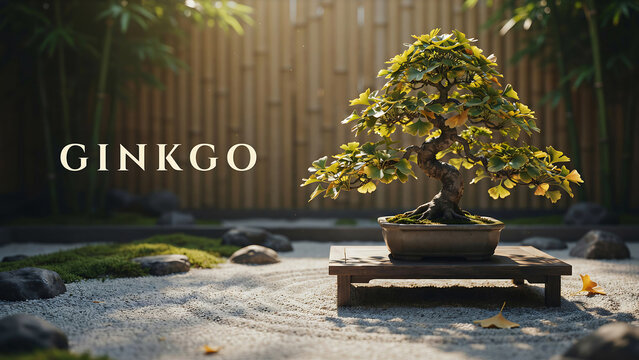 A serene Japanese garden featuring a ginkgo bonsai tree on a wooden stand surrounded by raked gravel moss and rocks with bamboo in background
