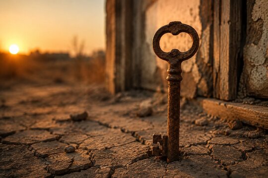 Heavily rusted old key stuck upright in dry, cracked earth under golden hour light.