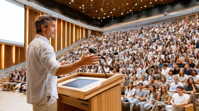 Professor giving a lecture at a packed university auditorium, addressing attentive students from the podium