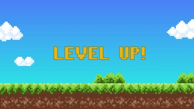 Animated level up text with pixel background retro 8-bit game style arcade. outdoor landscape background. 4k video