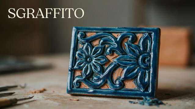 Blue ceramic tile with floral design on table with tools  sgraffito technique